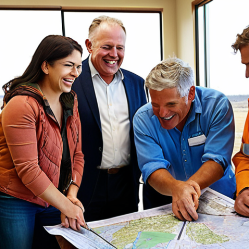 **

A diverse group of people, including environmental assessors, local residents, and construction workers, are gathered around a table looking at maps and diagrams. The scene is a bright, modern community center. Smiles and engaged expressions suggest a productive and collaborative discussion about a wind farm project. In the background, wind turbines can be seen blending harmoniously with the landscape. Focus on conveying a sense of trust and co-creation.

**