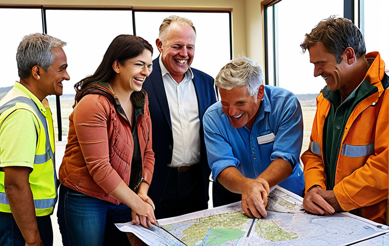 **

A diverse group of people, including environmental assessors, local residents, and construction workers, are gathered around a table looking at maps and diagrams. The scene is a bright, modern community center. Smiles and engaged expressions suggest a productive and collaborative discussion about a wind farm project. In the background, wind turbines can be seen blending harmoniously with the landscape. Focus on conveying a sense of trust and co-creation.

**