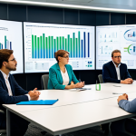 A diverse group of professional adults, including environmental specialists, urban planners, and data analysts, collaboratively discussing impact assessment. They are in a modern, well-lit meeting room, surrounded by large digital screens displaying complex data visualizations, charts, and graphs related to environmental and social impacts. Each person is fully clothed in modest business attire, reflecting a serious and focused atmosphere. Their expressions are thoughtful and engaged, actively participating in a discussion aimed at identifying sustainable solutions for future generations. The scene emphasizes collaboration and strategic planning for risk mitigation. safe for work, appropriate content, fully clothed, professional, perfect anatomy, correct proportions, natural pose, well-formed hands, proper finger count, natural body proportions, high quality professional photography.