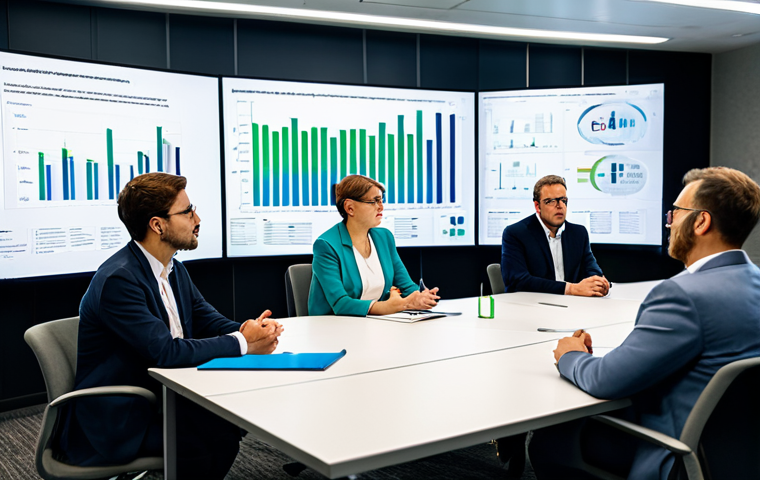 A diverse group of professional adults, including environmental specialists, urban planners, and data analysts, collaboratively discussing impact assessment. They are in a modern, well-lit meeting room, surrounded by large digital screens displaying complex data visualizations, charts, and graphs related to environmental and social impacts. Each person is fully clothed in modest business attire, reflecting a serious and focused atmosphere. Their expressions are thoughtful and engaged, actively participating in a discussion aimed at identifying sustainable solutions for future generations. The scene emphasizes collaboration and strategic planning for risk mitigation. safe for work, appropriate content, fully clothed, professional, perfect anatomy, correct proportions, natural pose, well-formed hands, proper finger count, natural body proportions, high quality professional photography.
