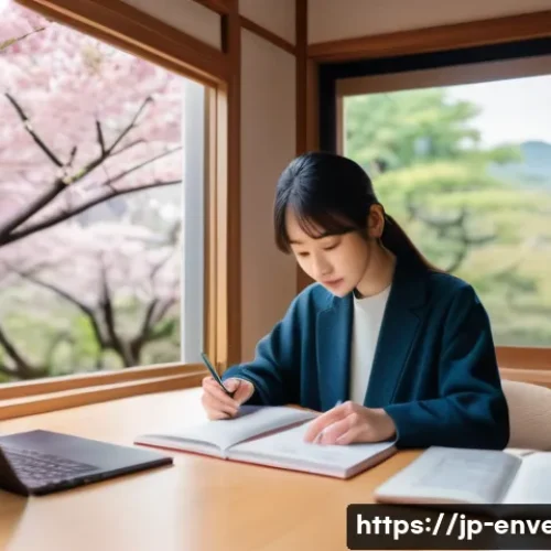 환경영향평가사 시험 과목별 전략 - A modern Japanese study room scene with a focused young adult studying environmental law and ecology...