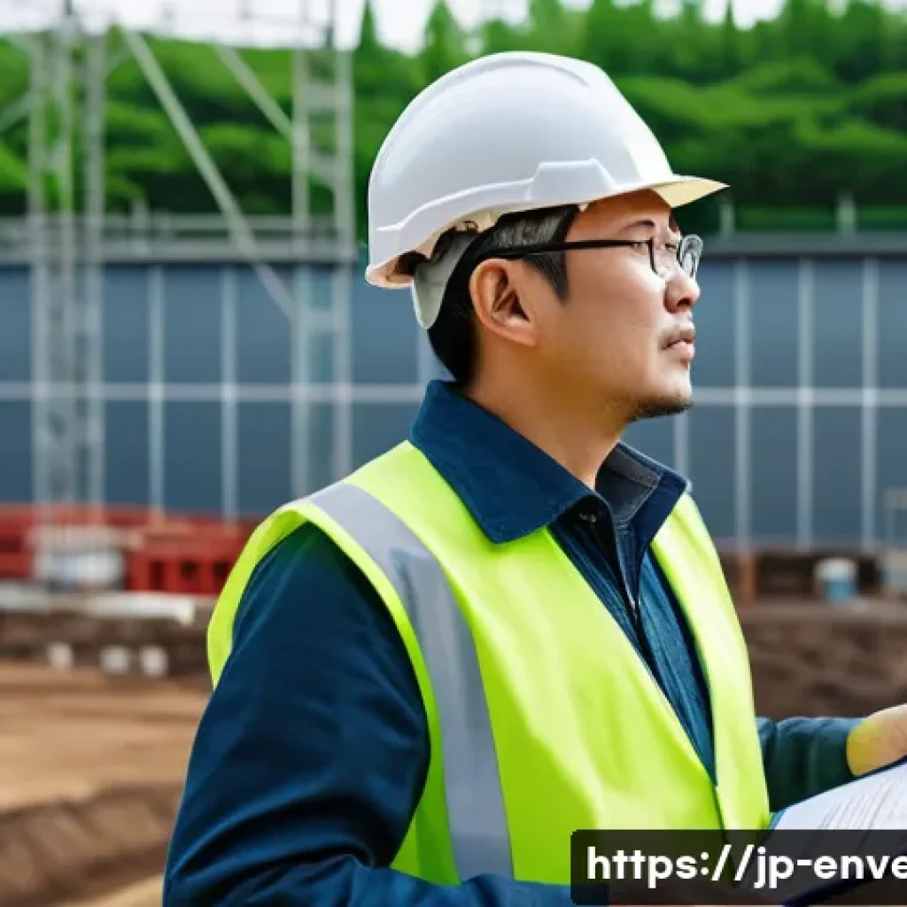 환경영향평가사 자격증의 활용 사례 - A professional environmental impact assessor at a large-scale urban construction site in Japan, wear...