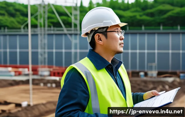 환경영향평가사 자격증의 활용 사례 - A professional environmental impact assessor at a large-scale urban construction site in Japan, wear...