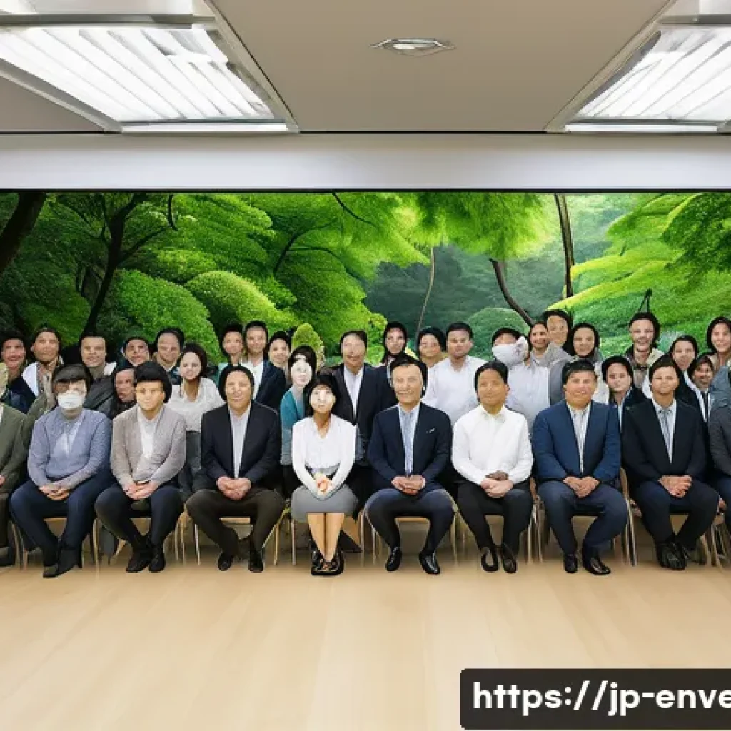 환경영향평가 관련 주요 국제 기준 - A modern environmental impact assessment scene in Japan featuring a diverse group of professionals a...
