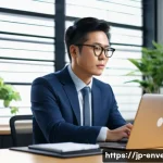 환경영향평가사 직무 스트레스 관리법 - A modern Japanese office environment featuring a diligent environmental impact assessor in their 30s...