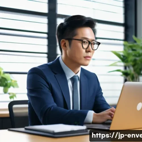 환경영향평가사 직무 스트레스 관리법 - A modern Japanese office environment featuring a diligent environmental impact assessor in their 30s...