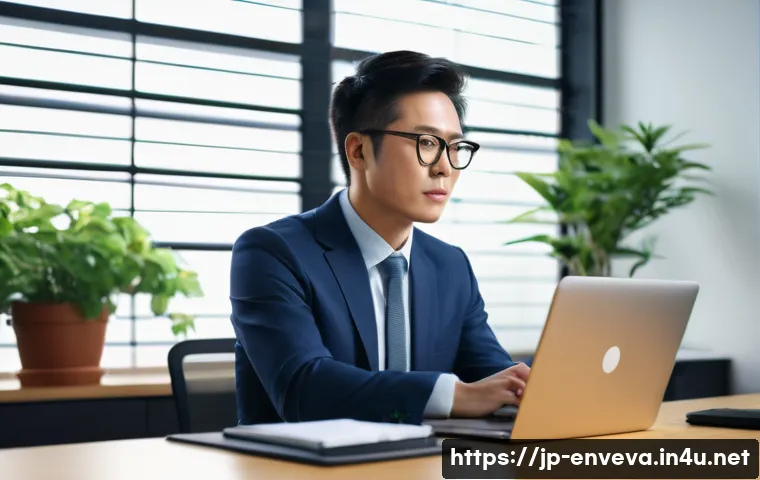 환경영향평가사 직무 스트레스 관리법 - A modern Japanese office environment featuring a diligent environmental impact assessor in their 30s...