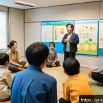 환경영향평가사 커뮤니티 참여 방법 - A vibrant community workshop scene in a Japanese urban setting, featuring diverse participants inclu...