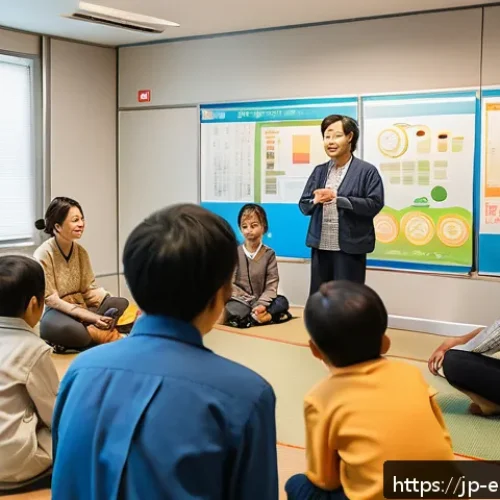 환경영향평가사 커뮤니티 참여 방법 - A vibrant community workshop scene in a Japanese urban setting, featuring diverse participants inclu...