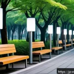 환경영향평가와 대기오염 영향 평가 - A futuristic urban park scene at dawn with multiple small, sleek air quality sensors installed discr...