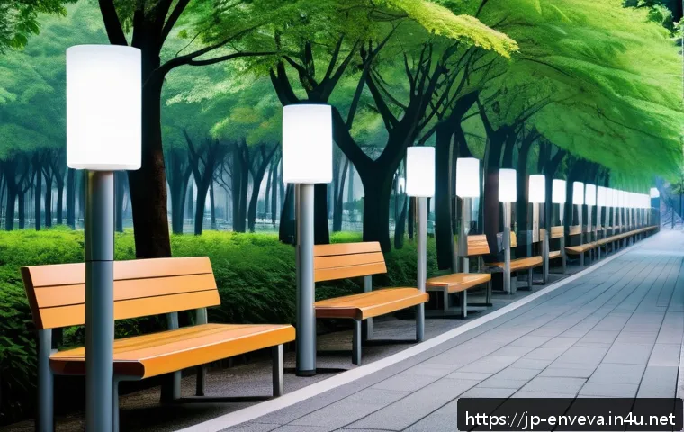 환경영향평가와 대기오염 영향 평가 - A futuristic urban park scene at dawn with multiple small, sleek air quality sensors installed discr...